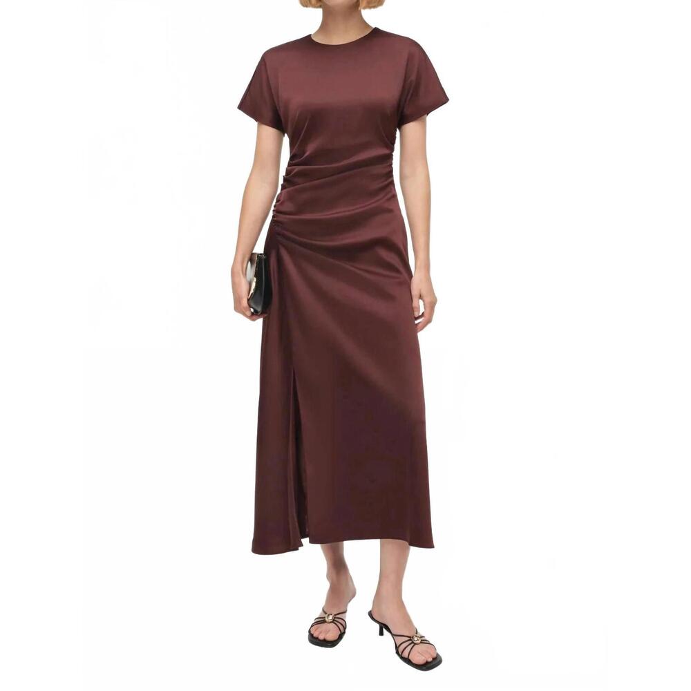 NEW SIMKHAI marabella draped satin midi dress in mahogany - Picture 4 of 6